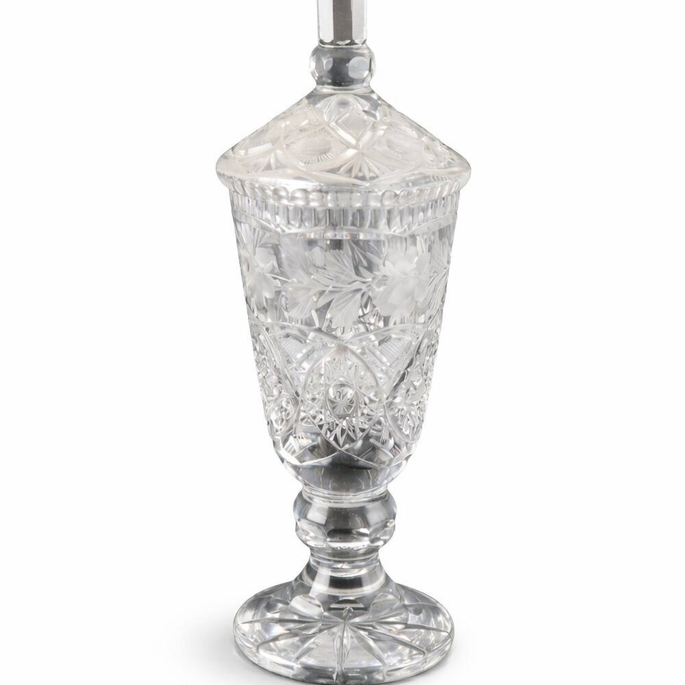 Vintage Cut Crystal Pedestal Candy Dish with Lid | American Brilliant Style Vase